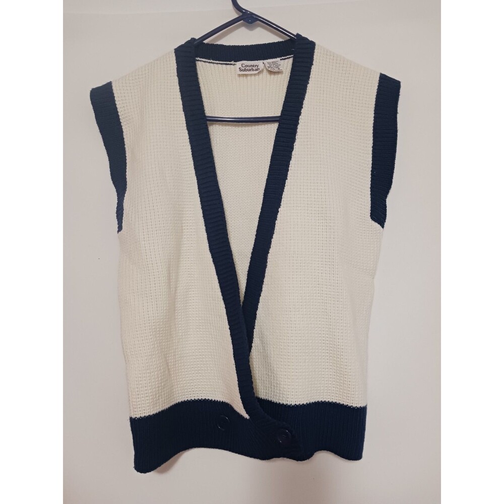 COUNTRY SUBURANS SIZE MEDIUM SWEATER VEST WHITE / BLUE TRIM WOMENS